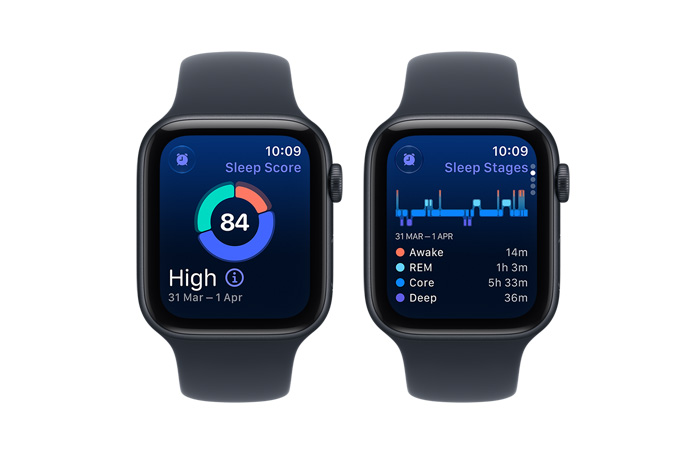 Apple Watch SE 3, screen shows sleep tracking features, aluminium case, midnight colour (black), Sport Band, black colour
