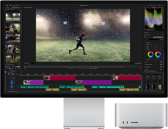 Studio Display XDR с вградена стойка, Mac Studio пасва перфектно под екрана, работен процес с инструменти за видеомонтаж и цветни корекции на екрана