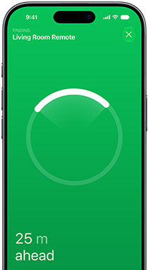 iPhone, Find My app on screen, text reads: Finding Living Room Remote, circular locator ring with bright arc pointing toward the remote's direction, text reads: 80 ft ahead
