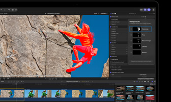 MacBook Pro, Final Cut Pro, panneau Masque automatique, catégorie Personnes sélectionnée, autres catégories : peau, peau et visage, cheveux, bouche, alpiniste dans des tons de rouge escaladant une paroi rocheuse sur fond de ciel bleu