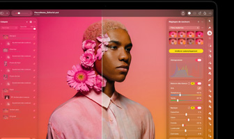 Écran montrant Pixelmator Pro, portrait scindé en versions avant et après, fleurs roses dans les cheveux du sujet, côté gauche aux tons roses vifs, côté droit aux tons neutres, panneau des calques à gauche, panneau de réglage des couleurs à droite