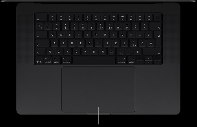 MacBook Pro avec écran PROLED XDR, couleur noir infini, ouvert, montrant le clavier et le pavé tactile Force Touch