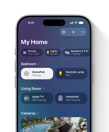 iPhone screen displays Home app, My Home view, accessory tiles for Bedroom and Living Room including lights and HomePod speakers