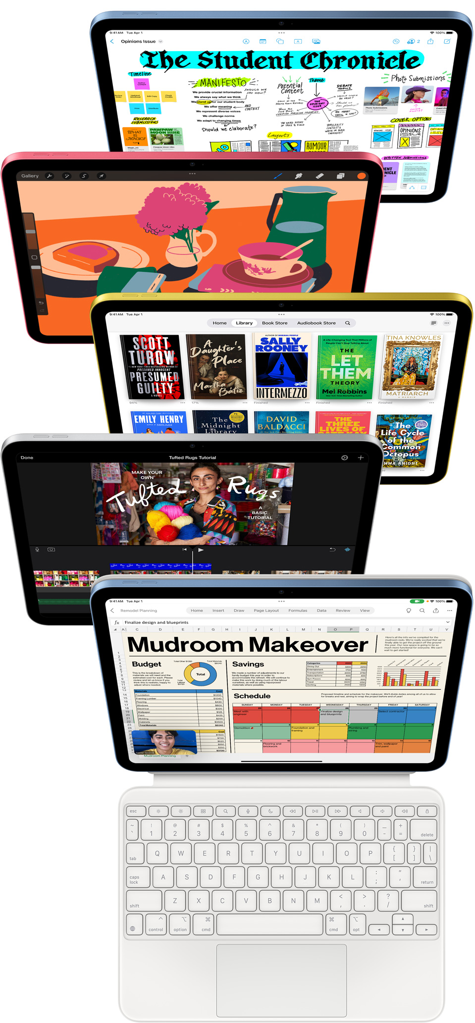 Front facing iPad screens show a variety of apps, including Freeform, ProCreate, books, iMovie, and Excel.