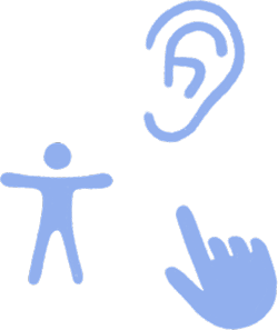 Tres íconos de accesibilidad de Apple, representan: Accesibilidad, Dispositivos auditivos y Touch.