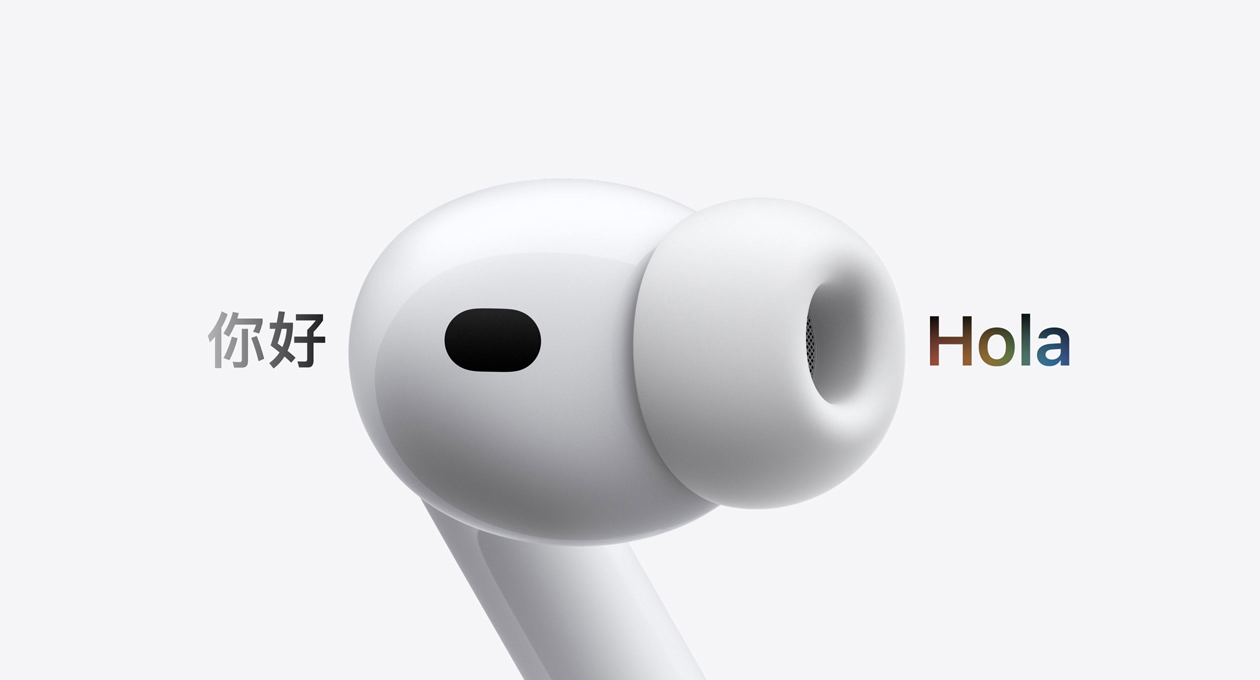 AirPods Pro 3, audífono con almohadilla de silicona, Traducción en Vivo cambia los caracteres en inglés que dicen 'hello' a un texto en español que dice 'hola'