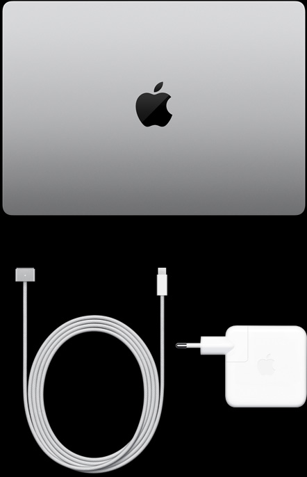MacBook Pro, color plata, parte superior, cerrado, con cable de carga y adaptador