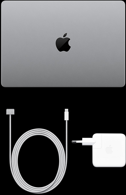 MacBook Pro con pantalla PROLED XDR, color plata, parte superior, cerrado, cable de carga USB-C y adaptador de corriente
