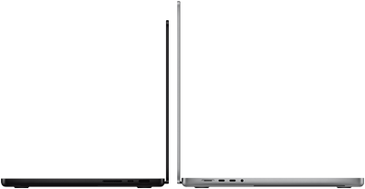 14palcový vesmírně černý MacBook Pro vedle 16palcového stříbrného MacBooku Pro