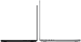 14palcový vesmírně černý MacBook Pro vedle 16palcového stříbrného MacBooku Pro