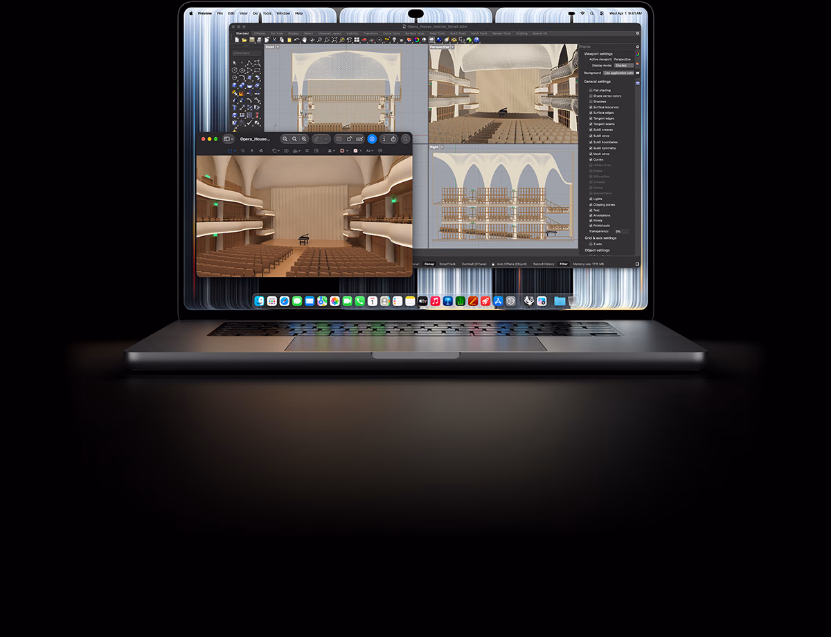 16palcový stříbrný MacBook Pro s PROLED XDR displejem, který znázorňuje modelování objektu ve Rhinu