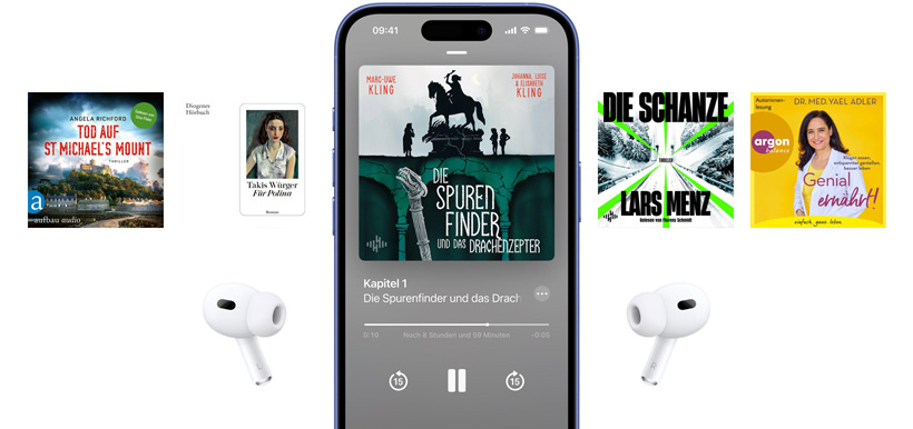 iPhone Bildschirm ist zentriert und zeigt ein Hörbuch in der Books App. Um das Telefon herum befinden sich Hörbuchcover, die in einem horizontalen Layout positioniert sind.