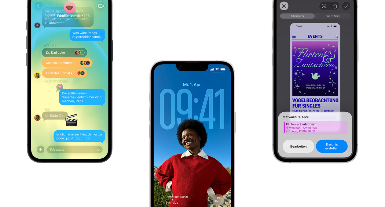 Drei iPhone 17e Geräte, das linke Display zeigt eine Unterhaltung in der iMessages App, das mittlere Display zeigt den Sperrbildschirm mit dem Porträt einer lächelnden Person, die Apps Kalender und Uhr dahinter, das rechte Display zeigt eine Benutzeroberfläche zur Erstellung von Ereignissen