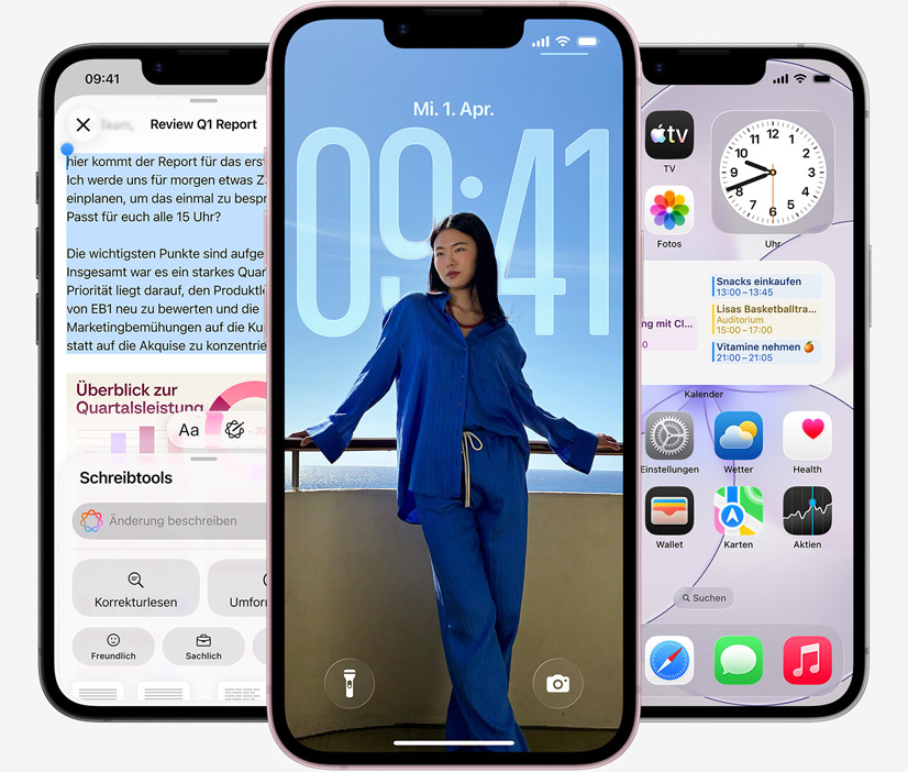 Drei iPhone 17e Geräte, Vorderseite, Bildschirmfoto mit Schreibtools in Aktion, der Sperrbildschirm zeigt das Foto einer Person und die Nachrichten App sendet Nachrichten über Satellit