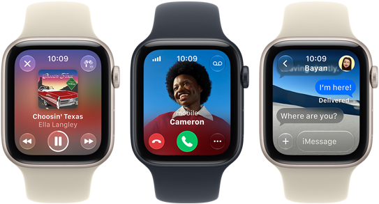 Kolm Apple Watch SE 3 seadet teineteise kõrval, millest ühel on kuvatud rakendus Apple Music, ühel sissetulev telefonikõne ja ühel sõnumid