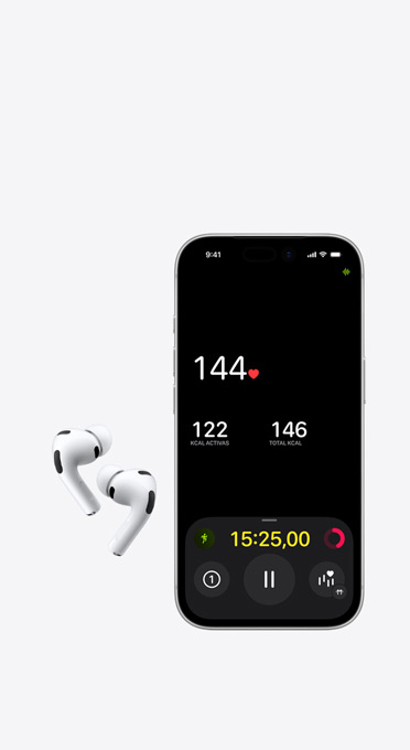Auriculares inalámbricos izquierdo y derecho junto a un iPhone con el monitor de frecuencia cardiaca en pantalla