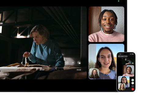 Mac y iPhone: Split View de SharePlay en el Mac, serie de Apple TV reproduciéndose a la izquierda, mosaicos de FaceTime a la derecha con tres personas, iPhone acoplado junto al Mac utilizándose como Cámara de Continuidad
