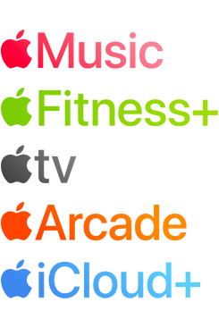 Logos verschiedener Apple Aboservices, einschließlich Apple Music, Fitness+, Apple TV, Apple Arcade, iCloud+