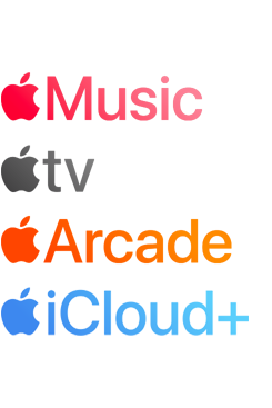 Logotypen van Apple abonnementen, waaronder Apple Music, Apple TV, Apple Arcade, iCloud+