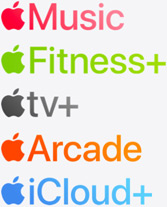 Apple Music, Apple Fitness+, Apple TV+, Apple Arcade und iCloud+ App Symbole