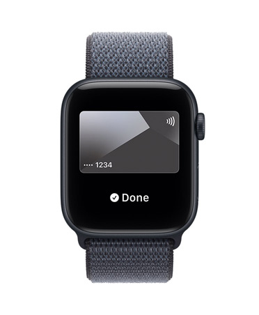 Apple Watch SE 3, aluminium case, midnight colour, Apple Pay in Apple Wallet, right side exterior, Digital Crown, strap, Sport Loop, anchor blue colour