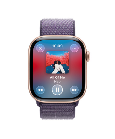Apple Watch Series 11, rose gold color, aluminum case, Apple Music, music and podcast suggestions, right side exterior, Digital Crown, band, purple fog Sport Loop