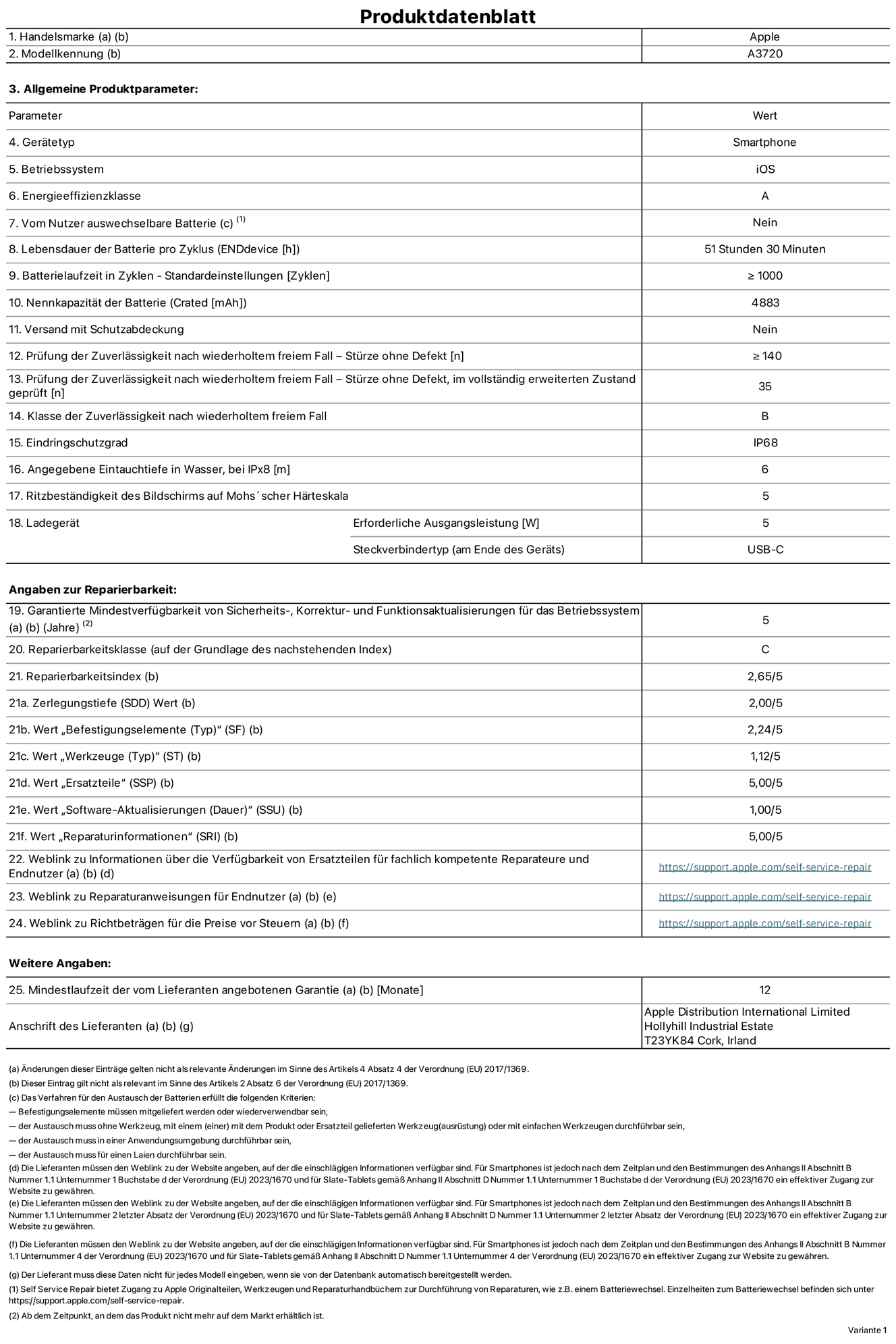 Produktinformationsblatt für iPhone Duo, Modell A3720. Bereitgestellt von Apple Distribution International Limited, Hollyhill Industrial Estate. Cork, Irland, T23 YK84. Gerätetyp: Smartphone. Betriebssystem: iOS. Energieeffizienzklasse: A. Von Nutzer:innen auswechselbare Batterie: Nein. Batterielaufzeit pro Zyklus: 51 Std. 30 Min. Batterielebensdauer in Zyklen – Standardeinstellungen: ≥ 1.000. Nennkapazität der Batterie: 4.883 mAh. Versand mit Schutzabdeckung: Nein. Prüfung der Zuverlässigkeit nach wiederholtem freiem Fall – Stürze ohne Defekt: ≥ 140. Prüfung der Zuverlässigkeit nach wiederholtem freiem Fall – Stürze ohne Defekt, im vollständig erweiterten Zustand geprüft: 35. Klasse der Zuverlässigkeit nach wiederholtem freiem Fall: B. Eindringschutzgrad: IP68. Angegebene Eintauchtiefe in Wasser, bei iPx8: 6 m. Ritzbeständigkeit des Displays auf Mohs’scher Härteskala: 5. Erforderliche Ausgangsleistung des Ladegeräts: 5 W. Anschluss Ladegerät (am Ende des Geräts): USB‑C. Garantierte Mindestverfügbarkeit von Sicherheits‑, Korrektur‑ und Funktionsaktualisierungen für das Betriebssystem: 5 Jahre. Reparierbarkeitsklasse: C. Reparierbarkeitsindex: 2,65/5. Wert „Zerlegungstiefe“ (SDD): 2,00/5. Wert „Befestigungselemente“: 2,24/5. Wert „Werkzeuge“: 1,12/5. Wert „Ersatzteile“: 5,00/5. Wert „Software-Aktualisierungen“: 1,00/5. Wert „Reparaturinformationen“: 5,00/5. Weblink zu Informationen über die Verfügbarkeit von Ersatzteilen für fachlich kompetente Reparaturanbieter und Endnutzer:innen: https://support.rehcb.com/self-service-repair. Weblink zu Reparaturanweisungen für Endnutzer:innen: https://support.rehcb.com/self-service-repair. Weblink zu Richtbeträgen für die Preise vor Steuern: https://support.rehcb.com/self-service-repair. 12 Monate angebotene allgemeine Garantie.