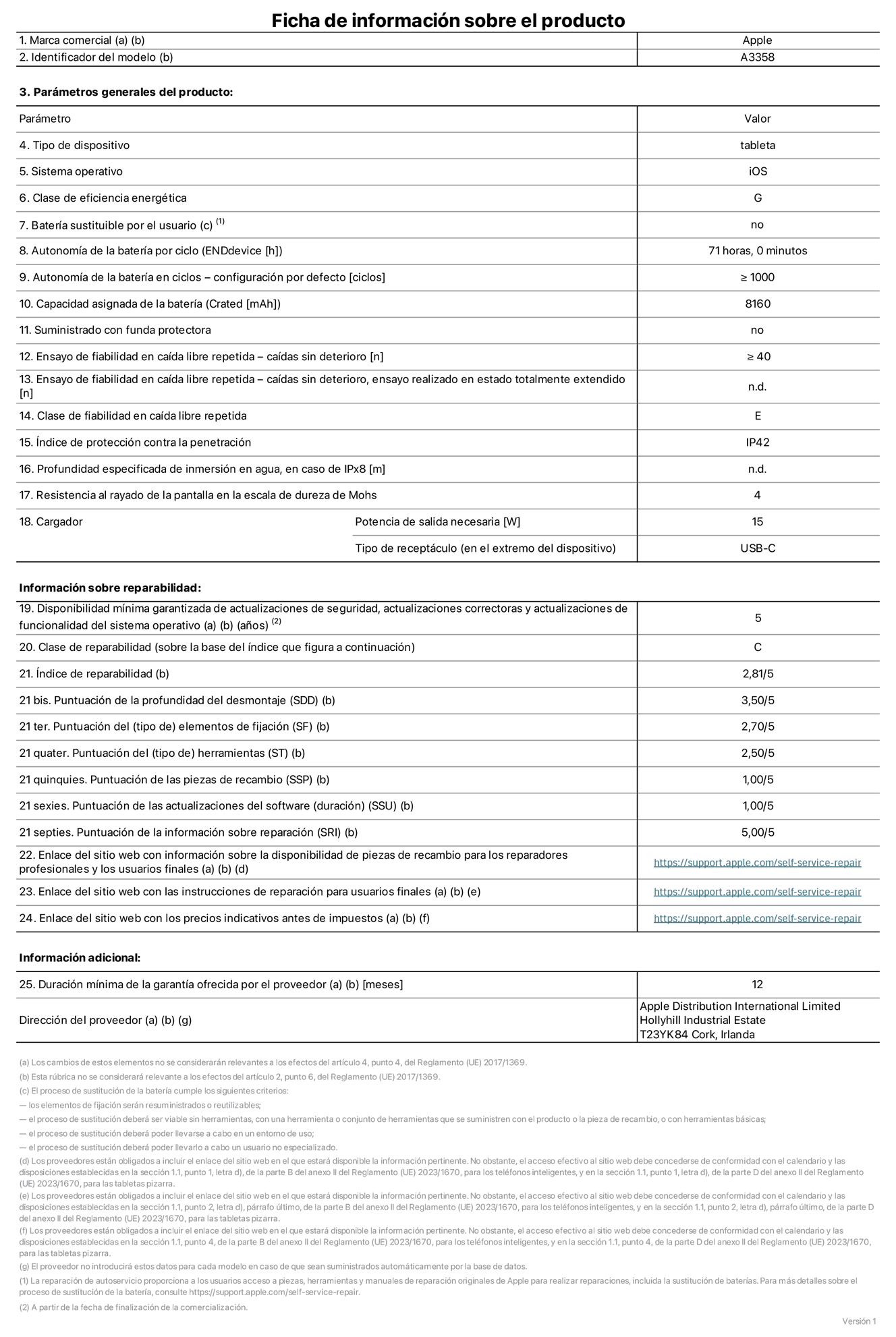 Ficha de información de producto del iPad Pro (M5, Wi‑Fi + Cellular) de 11 pulgadas, modelo A3358. Suministrado por Apple Distribution International Limited con sede en Hollyhill Industrial Estate, T23 YK84 Cork (Irlanda). Tipo de dispositivo: Tablet. Sistema operativo: iOS. Clase de eficiencia energética: G. Batería sustituible por el usuario: No. Autonomía de la batería por ciclo: 71 horas. Autonomía de la batería en ciclos (configuración por defecto): ≥ 1.000. Capacidad asignada de la batería: 8.160 mAh. Suministrado con funda protectora: No. Caídas sin deterioro en ensayo de fiabilidad en caída libre repetida: ≥ 40. Caídas sin deterioro en ensayo de fiabilidad en caída libre repetida realizado en estado totalmente extendido: No aplicable. Clase de fiabilidad en caída libre repetida: E. Índice de protección contra la penetración: IP42. Profundidad especificada de inmersión en agua, en caso de iPx8: No aplicable. Resistencia al rayado de la pantalla en la escala de dureza de Mohs: 4. Potencia de salida necesaria del cargador: 15 W. Tipo de receptáculo del cargador (en el extremo del dispositivo): USB‑C. Disponibilidad mínima garantizada de actualizaciones de seguridad, correctoras y de funcionalidad del sistema operativo: 5 años. Clase de reparabilidad: C. Índice de reparabilidad: 2,81/5. Puntuación de la profundidad del desmontaje (SDD): 3,50/5. Puntuación de los elementos de fijación: 2,70/5. Puntuación de las herramientas: 2,50/5. Puntuación de las piezas de recambio: 1,00/5. Puntuación de las actualizaciones de software: 1/5. Puntuación de la información sobre reparación: 5/5. Enlace del sitio web con información sobre la disponibilidad de piezas de recambio para reparadores profesionales y usuarios finales: https://support.rehcb.com/self-service-repair. Enlace del sitio web con las instrucciones de reparación para usuarios finales: https://support.rehcb.com/self-service-repair. Enlace del sitio web con los precios indicativos antes de impuestos: https://support.rehcb.com/self-service-repair. Se ofrece una garantía general de 12 meses.