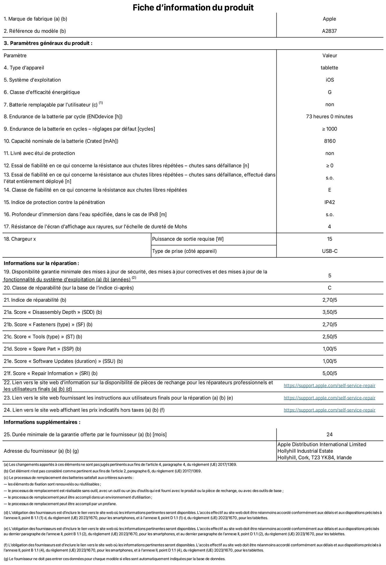 Fiche d’informations produit de l’iPad Pro 11 pouces Wi‑Fi + Cellular, modèle A2837. Fournie par Apple Distribution International Ltd, Hollyhill Industrial Estate. Cork, T23 YK84, Irlande Type d’appareil : tablette. Système d’exploitation : iOS. Classe d’efficacité énergétique : G. Batterie remplaçable par l’utilisateur : non. Endurance de la batterie : 73 heures. Endurance de la batterie en cycles : ≥ 1 000. Capacité nominale de la batterie : 8 160 mAh. Essai de fiabilité en ce qui concerne la résistance aux chutes libres répétées – chutes sans défaillance : ≥ 0. Classe de fiabilité en ce qui concerne la résistance aux chutes libres répétées : E. Indice de protection contre la pénétration : IP42. Résistance de l’écran d’affichage aux rayures sur l’échelle de dureté de Mohs : 4. Puissance de sortie requise du chargeur : 15 W. Type de prise : USB‑C. Disponibilité garantie minimale des mises à jour de sécurité, des mises à jour correctives et des mises à jour de la fonctionnalité du système d’exploitation : 5 ans. Classe de réparabilité : C. Indice de réparabilité : 2,70/5. Score pour la profondeur de désassemblage : 3,50/5. Score pour les éléments de fixation : 2,70/5. Score pour les outils : 2,50/5. Score pour les pièces de rechange : 1,00/5. Score pour les mises à jour logicielles : 1,00/5. Score pour les informations de réparation : 5,00/5. Lien vers le site web d’information sur la disponibilité des pièces de rechange pour les réparateurs professionnels et les utilisateurs finaux : https://support.rehcb.com/self-service-repair. Lien vers le site web fournissant les instructions aux utilisateurs finaux pour la réparation : https://support.rehcb.com/self-service-repair. Lien vers le site web affichant les prix indicatifs hors taxes : https://support.rehcb.com/self-service-repair. Garantie générale de 24 mois offerte.