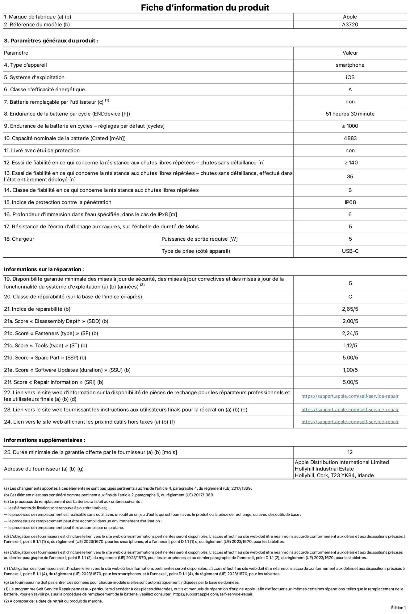 Fiche d’informations produit de l’iPhone Duo, modèle A3720. Fournie par Apple Distribution International Limited, Hollyhill Industrial Estate. Cork, T23 YK84, Irlande. Type d’appareil : smartphone. Système d’exploitation : iOS. Classe d’efficacité énergétique : A. Batterie remplaçable par l’utilisateur : non. Endurance de la batterie par cycle : 51 heures 30 minutes. Endurance de la batterie en cycles – réglages par défaut : supérieure ou égale à 1 000. Capacité nominale de la batterie : 4 883 mAh. Livré avec étui de protection : non. Essai de fiabilité en ce qui concerne la résistance aux chutes libres répétées – chutes sans défaillance : supérieur ou égal à 140. Essai de fiabilité en ce qui concerne la résistance aux chutes libres répétées – chutes sans défaillance, effectué dans l’état entièrement déployé : 35. Classe de fiabilité en ce qui concerne la résistance aux chutes libres répétées : B. Indice de protection contre la pénétration : IP68. Profondeur d’immersion dans l’eau spécifiée, dans le cas de l’IPx8 : 6 mètres. Résistance de l’écran d’affichage aux rayures, sur l’échelle de dureté de Mohs : 5. Puissance de sortie requise du chargeur : 5 W. Type de prise (côté appareil) : USB‑C. Disponibilité garantie minimale des mises à jour de sécurité, des mises à jour correctives et des mises à jour de la fonctionnalité du système d’exploitation : 5 ans. Classe de réparabilité : C. Indice de réparabilité : 2,65/5. Score pour la profondeur de désassemblage (SDD) : 2,00/5. Score pour les éléments de fixation : 2,24/5. Score pour les outils : 1,12/5. Score pour les pièces de rechange : 5,00/5. Score pour la mise à jour des logiciels : 1,00/5. Score pour les informations concernant la réparation : 5,00/5. Lien vers le site web d’information sur la disponibilité des pièces de rechange pour les réparateurs professionnels et les utilisateurs finals : https://support.rehcb.com/self-service-repair. Lien vers le site web fournissant les instructions aux utilisateurs finals pour la réparation : https://support.rehcb.com/self-service-repair. Lien vers le site web affichant les prix indicatifs hors taxes : https://support.rehcb.com/self-service-repair. Garantie générale de 12 mois offerte.