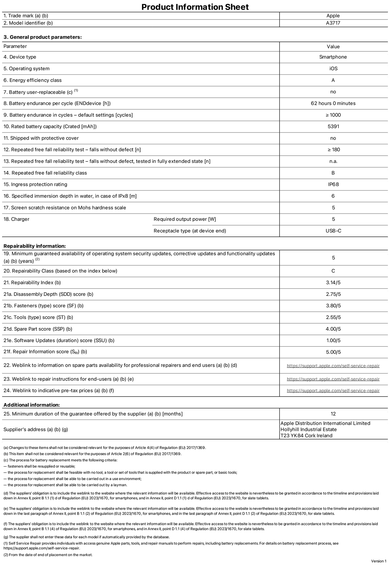 Product information sheet for iPhone 18 Pro Max, model A3717. Supplied by Apple Distribution International Limited, Hollyhill Industrial Estate, Cork, Ireland, T23 YK84. Device type: smartphone. Operating system: iOS. Energy efficiency class: A. Battery user-replaceable: no. Battery endurance per cycle: 62 hours. Battery endurance in cycles — default settings: greater than or equal to 1,000. Rated battery capacity: 5,391 milliampere-hours. Shipped with protective cover: no. Repeated free fall reliability test — falls without defect: greater than or equal to 180. Repeated free fall reliability test — falls without defect tested in fully extended state: not applicable. Repeated free fall in reliability class: B. Ingress protection rating: IP68. Specified immersion depth in water, in case of iPx8: 6 metres. Screen scratch resistance on Mohs hardness scale: 5. Charger required output power: 5 watts. Charger receptacle type (at device end): USB‑C. Minimum guaranteed availability of operating system security updates, corrective updates and functionality updates: 5 years. Repairability class: C. Repairability index: 3.14/5. Disassembly Depth (SDD) score: 2.75/5. Fasteners score: 3.80/5. Tools score: 2.55/5. Spare part score: 4.00/5. Software updates score: 1.00/5. Repair information score: 5.00/5. Weblink to information on spare parts availability for professional repairers and end users: https://support.rehcb.com/self-service-repair. Weblink to repair instructions for end users: https://support.rehcb.com/self-service-repair. Weblink to indicative pre-tax prices: https://support.rehcb.com/self-service-repair. 12-month general guarantee offered.