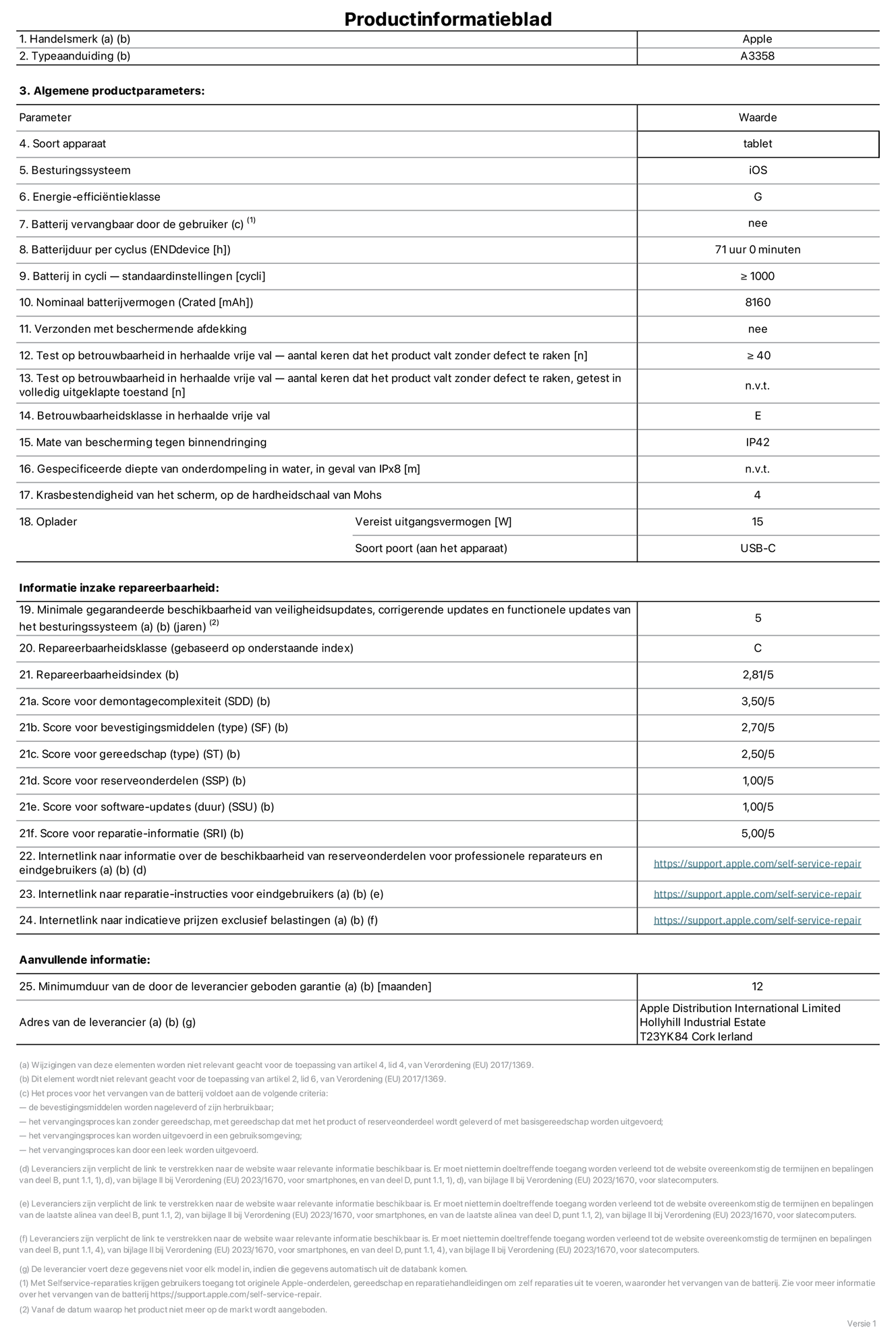 Productinformatieblad voor 11-inch iPad Pro (M5) (Wi‑Fi + Cellular), model A3358. Verstrekt door Apple Distribution International Limited, Hollyhill Industrial Estate. Cork, Ierland, T23 YK84. Type device: tablet. Besturingssysteem: iOS. Energie-efficiëntieklasse: G. Batterij door de gebruiker te vervangen: nee. Batterijduur per cyclus: 71 uur. Batterijduur in cycli, standaardinstellingen: groter dan of gelijk aan 1000. Nominale batterijcapaciteit: 8160 mAh. Geleverd met beschermhoesje: nee. Herhaalde betrouwbaarheidstest voor vrije val, valpartijen zonder defect: groter dan of gelijk aan 40. Herhaalde betrouwbaarheidstest voor vrije val, valpartijen zonder defect getest in volledig verlengde staat: niet van toepassing. Herhaalde vrije val betrouwbaarheidsklasse: E. Beschermingsklasse: IP42. Gespecificeerde dompeldiepte in water, in geval van iPx8: niet van toepassing. Krasbestendigheid van het scherm op de hardheidsschaal van Mohs: 4. Uitgangsvermogen vereist voor oplader: 15 watt. Type opladeraansluiting (aan het uiteinde van het apparaat): USB-C. Minimale gegarandeerde beschikbaarheid van beveiligingsupdates van het besturingssysteem, corrigerende updates en functionaliteitsupdates: 5 jaar. Repareerbaarheidsklasse: C. Repareerbaarheidsindex: 2,81/5. Score demontagediepte (SDD): 3,50/5. Score sluitingen: 2,70/5. Gereedschapsscore: 2,50/5. Score reserveonderdelen: 1,00/5. Score software-updates: 1,00/5. Score reparatiegegevens: 5,00/5. Weblink naar informatie over de beschikbaarheid van reserveonderdelen voor professionele reparaties en eindgebruikers: https://support.rehcb.com/self-service-repair. Weblink voor reparatie-instructies voor eindgebruikers: https://support.rehcb.com/self-service-repair. Weblink naar indicatieve prijzen vóór belasting: https://support.rehcb.com/self-service-repair. Inclusief 12 maanden algemene garantie.