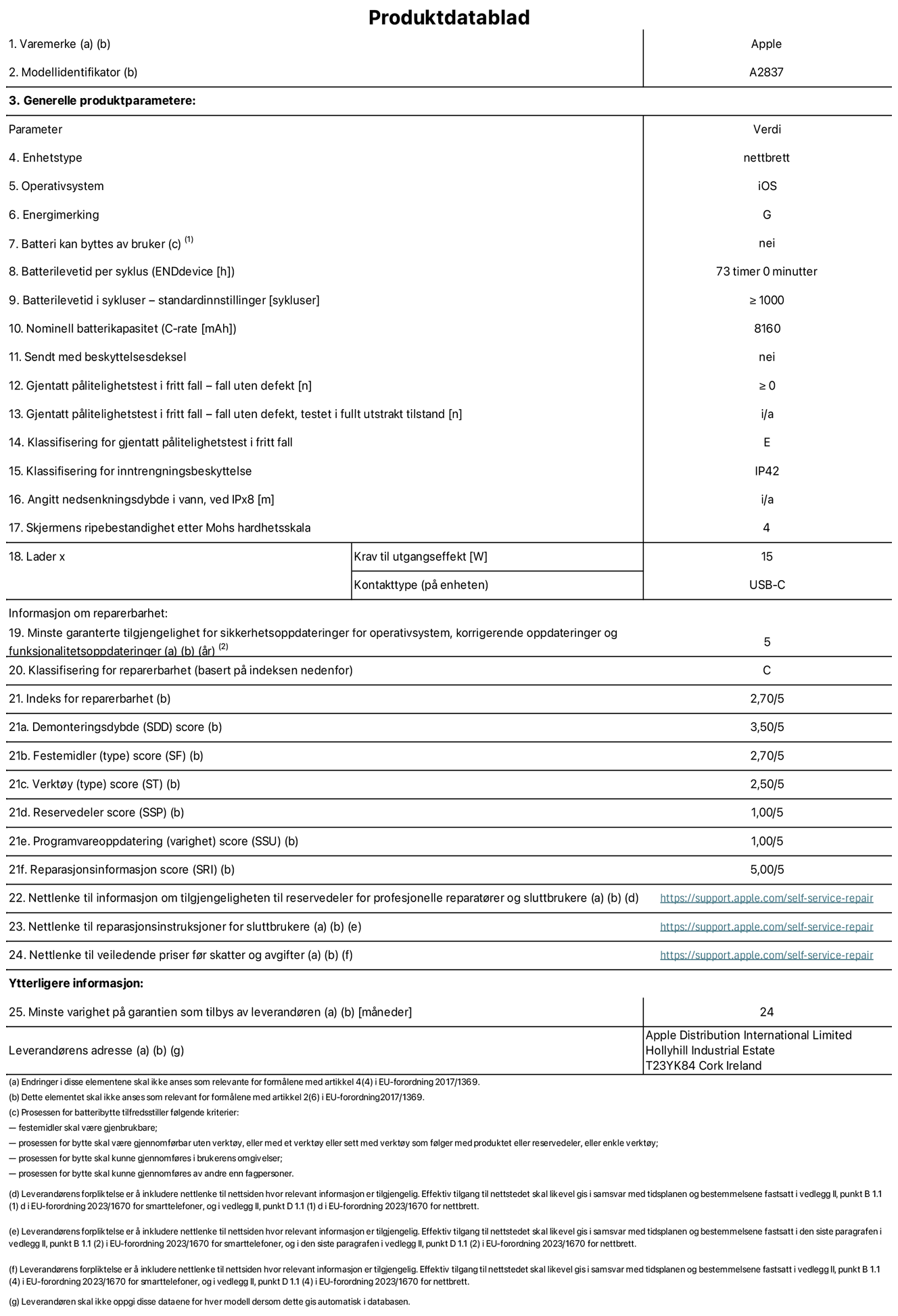 Produktdatablad for 11-tommers iPad Pro Wi‑Fi + Cellular – modell A2837. Levert av Apple Distribution International Ltd, Hollyhill Industrial Estate. Cork, Irland T23 YK84. Enhetstype: nettbrett. Operativsystem: iOS. Energieffektivitetsklasse: G. Batteriet kan byttes av brukeren: nei. Batteriets holdbarhet: 73 timer. Batteriets holdbarhet i antall ladesykluser: ≥ 1000. Nominell batterikapasitet: 8160 mAh. Holdbarhetstest ved gjentatte fall – antall fall uten feil: ≥ 0. Holdbarhetsklasse ved gjentatte fall: E. Kapslingsgrad: IP42. Skjermens ripefasthet på Mohs skala: 4. Krav til laderens utgangseffekt: 15 watt. Laderens stikkontakt: USB-C. Minstegaranti for tilgang på sikkerhetsoppdateringer, feilrettinger og funksjonsoppdateringer til operativsystemet: 5 år. Reparerbarhetsklasse: C. Reparerbarhetsindeks: 2,70/5. Demontering: 3,55/5. Festeanordninger: 2,70/5. Verktøy: 2,50/5. Reservedeler: 1,00/5. Programvareoppdateringer: 1,00/5. Informasjon om reparasjon: 5,00/5. Lenke til informasjon om tilgjengelighet for reservedeler for profesjonelle reparatører og sluttbrukere: https://support.rehcb.com/self-service-repair. Lenke til reparasjonsveiledning for sluttbrukere: https://support.rehcb.com/self-service-repair. Lenke til veiledende priser ekskl. mva: https://support.rehcb.com/self-service-repair. Produktet omfattes av en 24-måneders generell garanti.