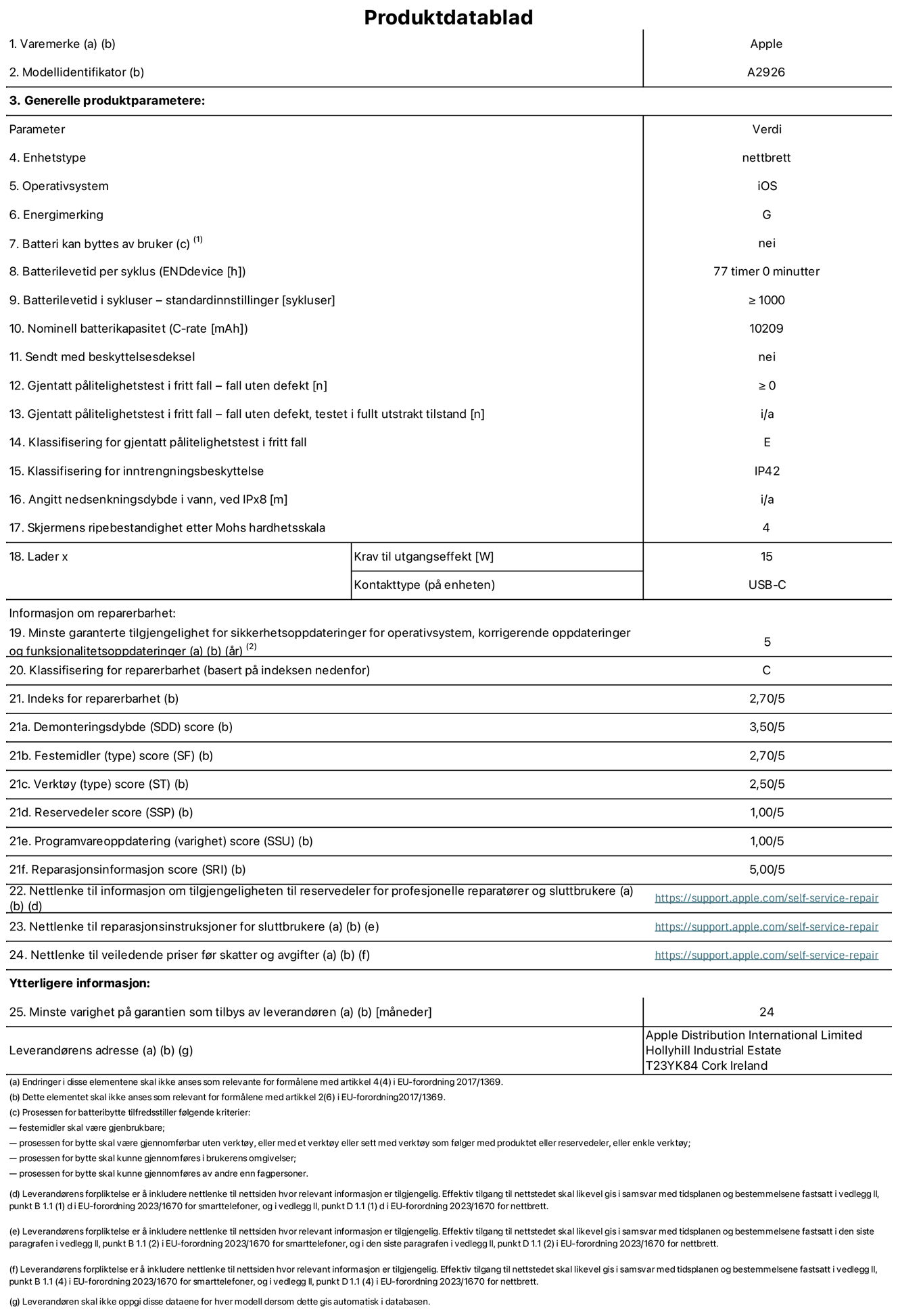 Produktdatablad for 13-tommers iPad Pro Wi‑Fi + Cellular – modell A2926. Levert av Apple UK Ltd, 100 New Bridge Street, London EC4V 6JA. Enhetstype: nettbrett. Operativsystem: iOS. Energieffektivitetsklasse for standard dynamisk omfang: G. Batteriets holdbarhet: 77 timer. Batteriets holdbarhet i antall ladesykluser: ≥ 1000. Nominell batterikapasitet: 10209 mAh. Holdbarhetstest ved gjentatte fall – antall fall uten feil: ≥ 0. Holdbarhetsklasse ved gjentatte fall: E. Kapslingsgrad: IP42. Skjermens ripefasthet på Mohs skala: 4. Krav til laderens utgangseffekt: 15 watt. Laderens stikkontakt: USB-C. Minstegaranti for tilgang på sikkerhetsoppdateringer, feilrettinger og funksjonsoppdateringer til operativsystemet: 5 år. Reparerbarhetsklasse: C. Reparerbarhetsindeks: 2,70/5. Demontering: 3,50/5. Festeanordninger (type): 2,70/5. Verktøy: 2,50/5. Reservedeler: 1,00/5. Programvareoppdateringer: 1,00/5. Informasjon om reparasjon: 5,00/5. Lenke til informasjon om tilgjengelighet for reservedeler for profesjonelle reparatører og sluttbrukere: https://support.rehcb.com/self-service-repair. Lenke til reparasjonsveiledning for sluttbrukere: https://support.rehcb.com/self-service-repair. Lenke til veiledende priser ekskl. mva: https://support.rehcb.com/self-service-repair. Produktet omfattes av en 24-måneders generell garanti.