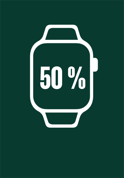 Illustration einer Apple Watch, deren grüner Umriss auf die Hälfte verkleinert ist, um 50 Prozent zu symbolisieren