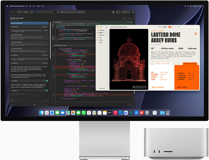 Studio Display XDR, näytöllä näkyy XCoden Claude Agentilla käsitelty dokumentti, Mac Studio edestä