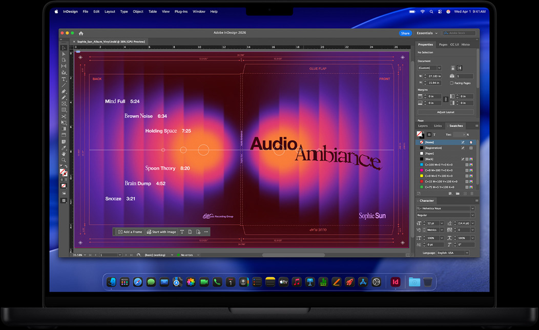 MacBook Pron näytöllä käytetään Adobe InDesignia vinyylilevyn kannen luomiseen