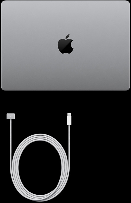 MacBook Pro avec Écran PROLED XDR, argent, dessus, fermé, câble de charge USB‑C et adaptateur secteur