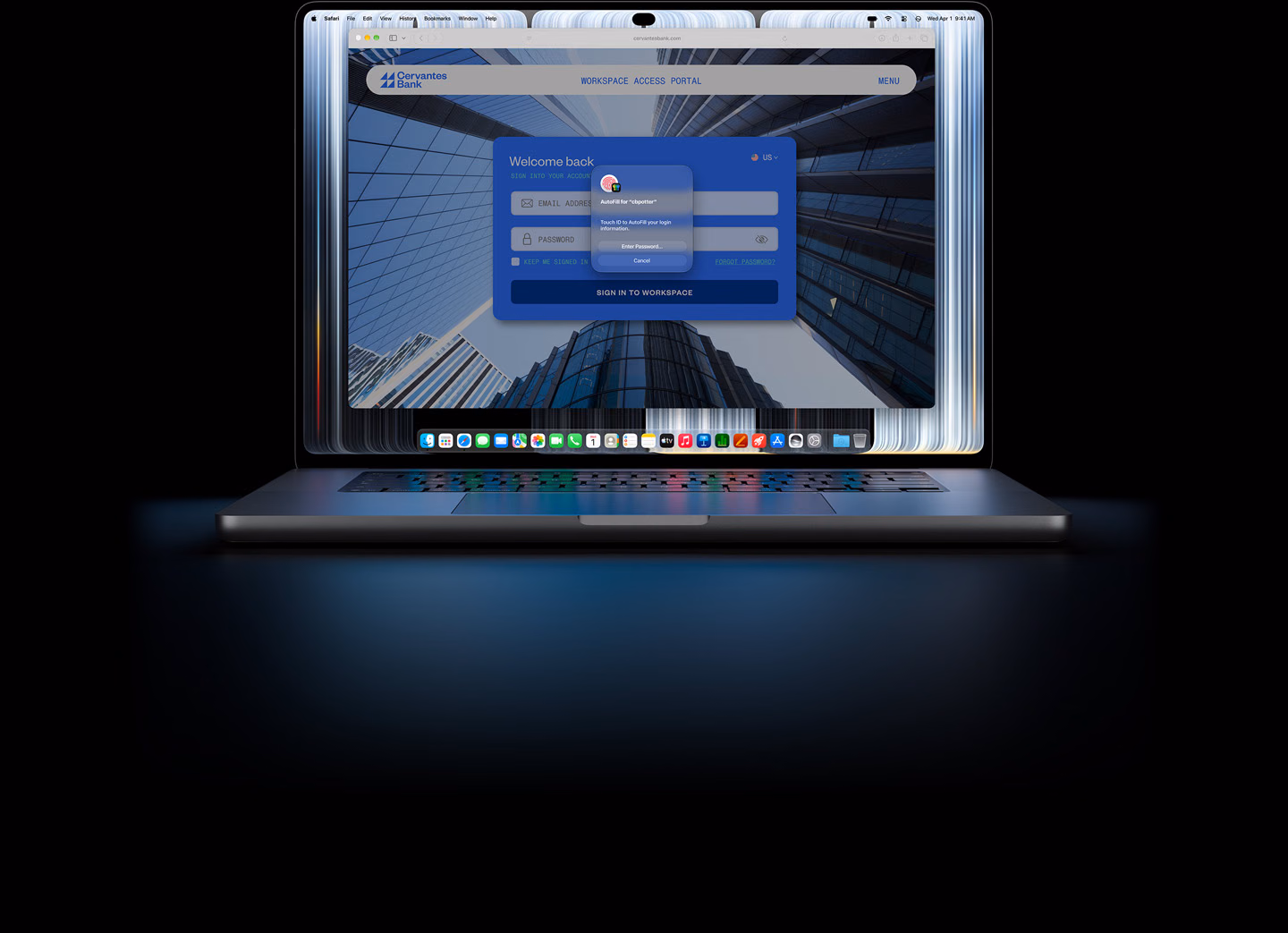 MacBook Pro com ecrã PROLED XDR, uma pequena janela do Safari sugere ao utilizador que utilize o Touch ID ou introduza as credenciais para iniciar sessão num site
