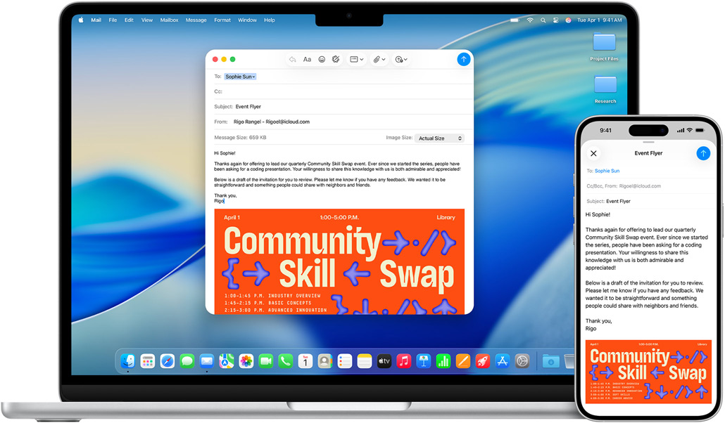 iPhone 16 Plus e MacBook Air 13 pollici con la stessa bozza di email aperta nell’app Mail