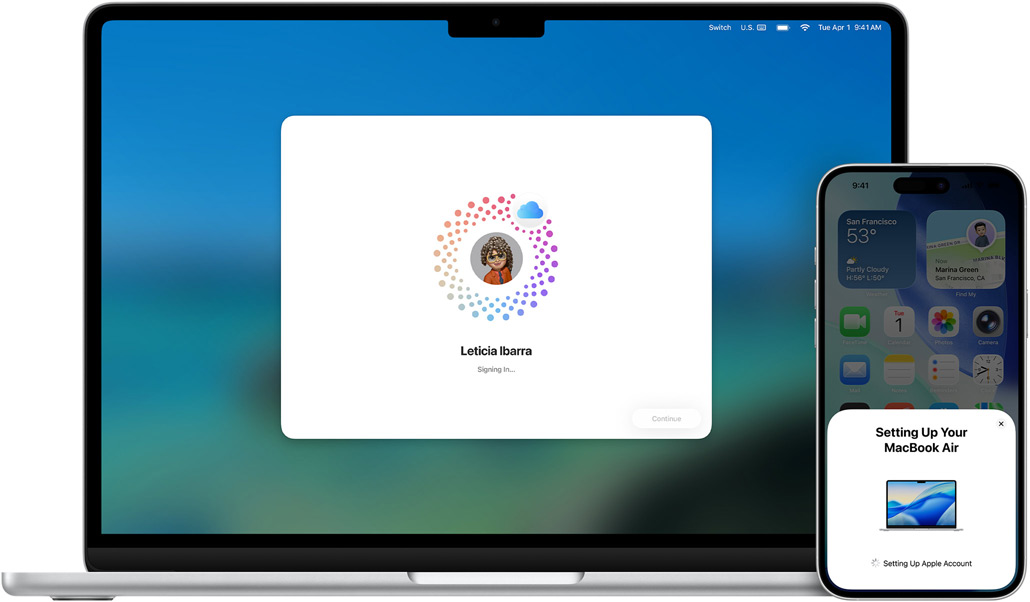 MacBook Air 13 pollici e iPhone 16 Plus; sul MacBook viene installato macOS e il display dell’iPhone mostra i comandi per la configurazione