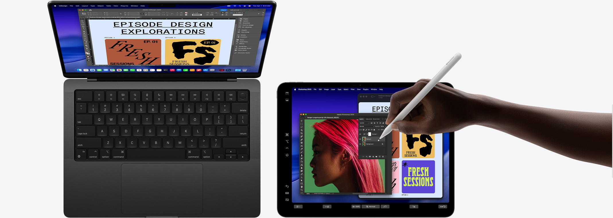 MacBook Pro 14 pollici e iPad Pro 13 pollici collegati per ampliare lo schermo del MacBook; una mano usa una Apple Pencil Pro per modificare l’immagine sull’iPad