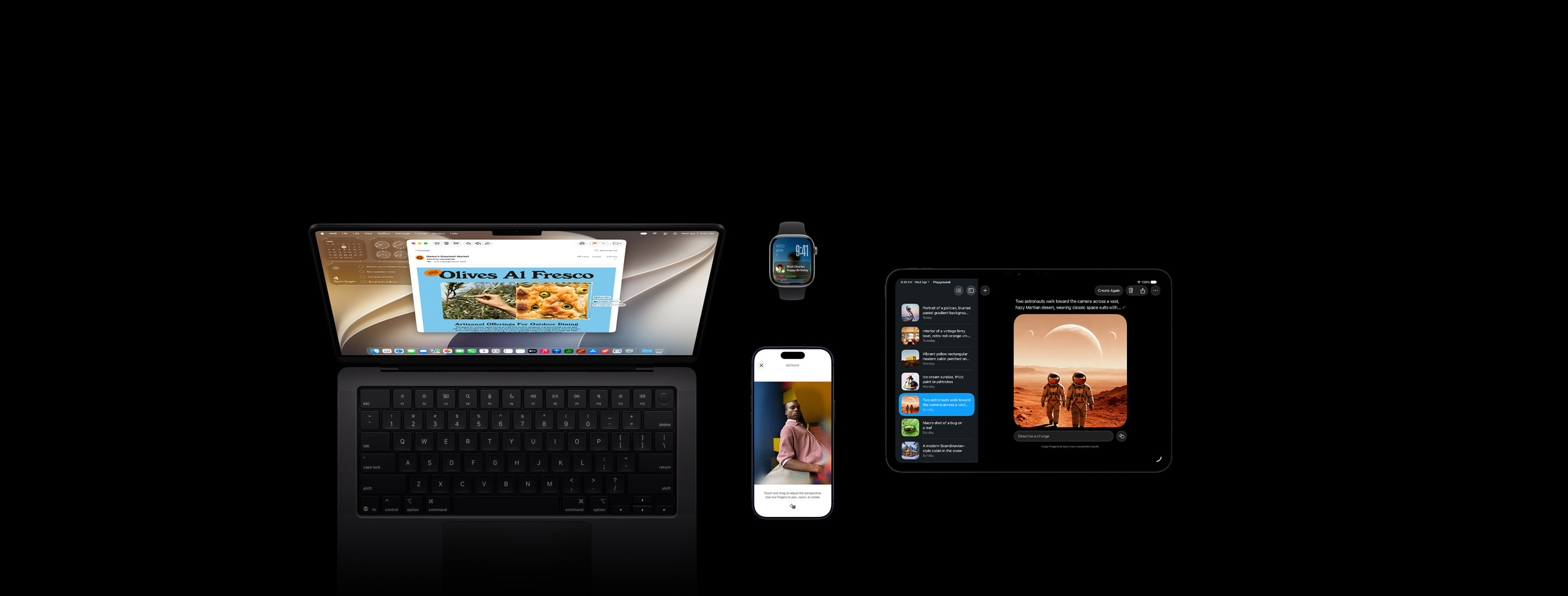 Neljä tuotetta, mukaan lukien mustansininen iPhone 17 Pro, jolla esitellään rajaa uudelleen ‑toimintoa kuvalla henkilöstä, joka nojaa tiskiin, sekä tähtiharmaa Apple Watch Series 11 (46 mm), jossa on päivämäärä ja näytön lukitus sekä älykkään pinon syntymäpäiväkalenterimuistutus, tähtimusta 14 tuuman MacBook Pro, jossa esitellään visuaalista älyä sähköpostista otetulla näyttökuvalla oliivileivästä ja jossa on kuvaa koskien useita kehotteita, sekä tähtimusta 11 tuuman iPad Pro, jossa on Image Playground, jossa on kuva kahdesta astronautista, jotka on valittu sivupalkin luettelosta