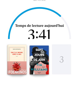 Un écran d’iPhone montrant l’interface Objectifs de lecture dans l’app Livres. En haut se trouve un anneau de progression pour un objectif de lecture. Sous l’anneau de progression se trouvent trois couvertures de livres. Sous les couvertures de livres se trouve un texte indiquant qu’un livre de plus est nécessaire pour atteindre l’objectif de 2024 de lire huit livres.