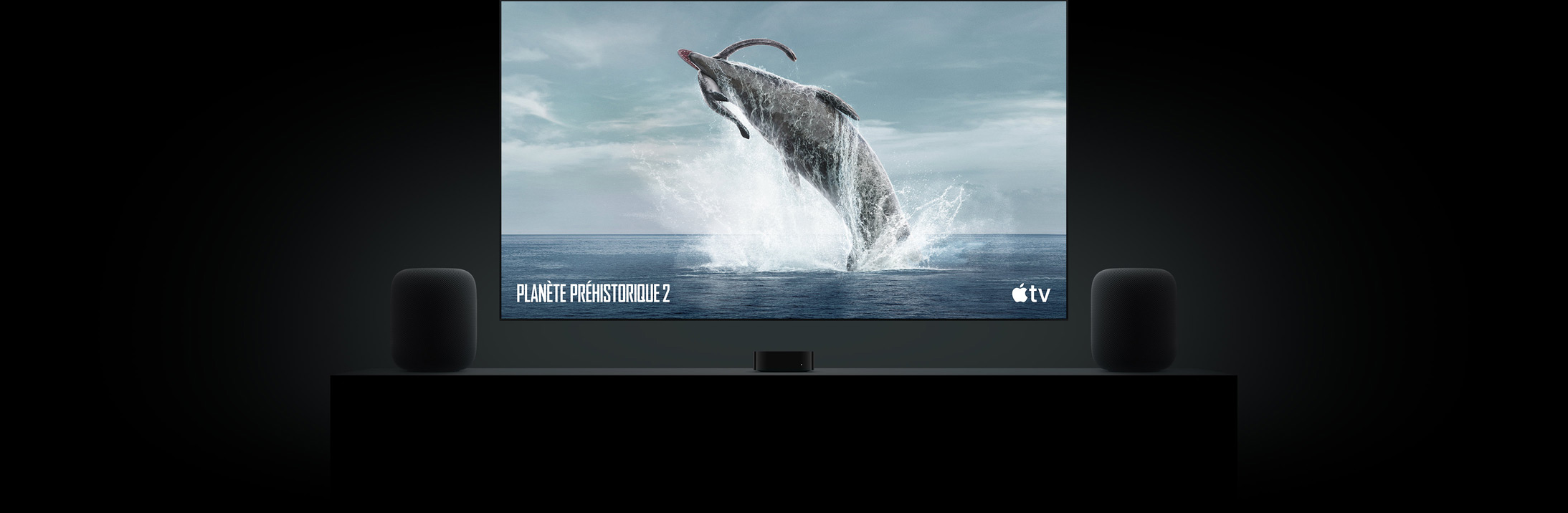 Grand écran plat affichant une image éclatante d’un dinosaure de Planète préhistorique. Le téléviseur est fixé au mur au-dessus d’une Apple TV 4K et entouré de deux enceintes HomePod placées sur un meuble TV
