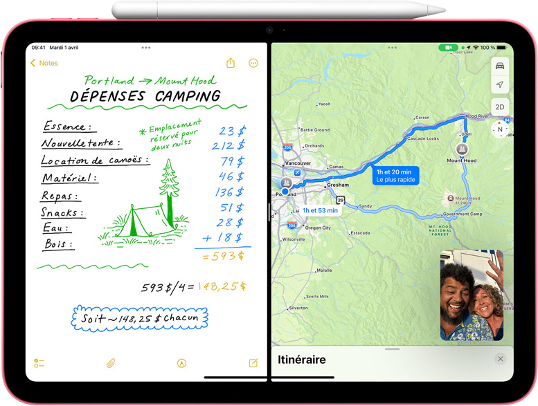 Notes mathématiques dans Plans avec un appel FaceTime affiché en mode Image dans l’image sur un iPad.