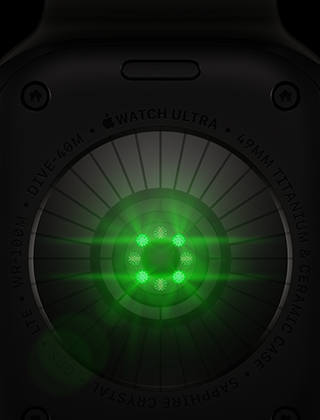Πίσω όψη του Apple Watch Ultra 4, κάσα από τιτάνιο, μαύρο χρώμα, πολλοί στρογγυλοί αισθητήρες με λαμπερά πράσινα LED