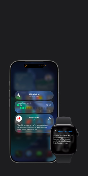 iPhone 17 Pro screen showing active Live Listen session with caption for captured audio and Apple Watch Series 11 screen showing Live Captions of the same captured audio