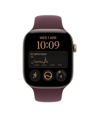 Apple Watch Series 12, aluminum case, light gold color, Siri Modular watch face, complications: heart rate, Run workout, readiness, Sport Band, burgundy color