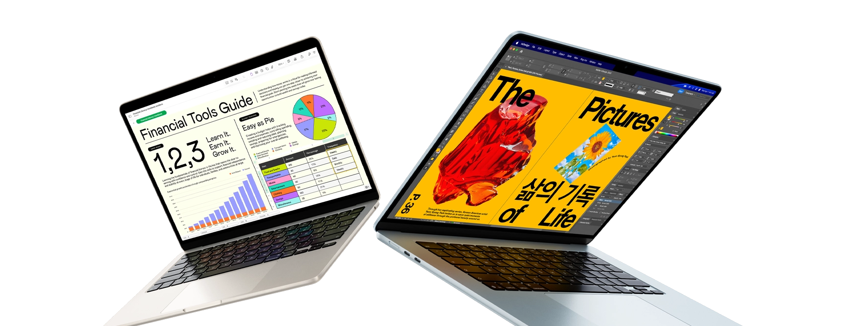 13- and 15-inch MacBook Air laptops — one screen shows Numbers work, the other shows design work